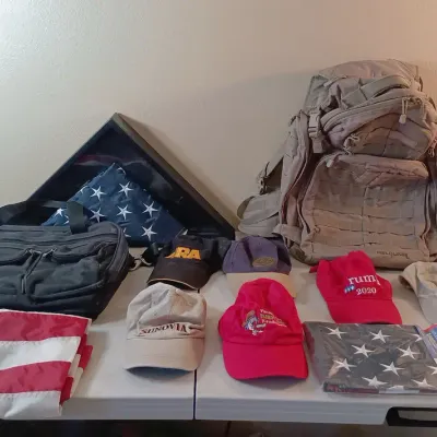 Guys Lot - Field Line Backpack, Flags, Eddie Bauer Case, Hats++
