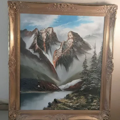 Vintage Mountain Scene Signed LAM Painting, Fancy Gold Frame