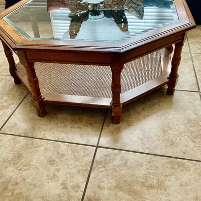 Sale Photo Thumbnail #27: Octangonal wood table with glass top with cane bottom