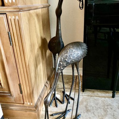 Sale Photo Thumbnail #11: Metal crane figures with bronze tone that appear  to be cast aluminum