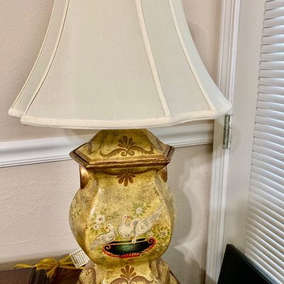 Sale Photo Thumbnail #253: Vintage Chinoiserie style or tole painted ceramic/porcelain urn table lamp - (Two)