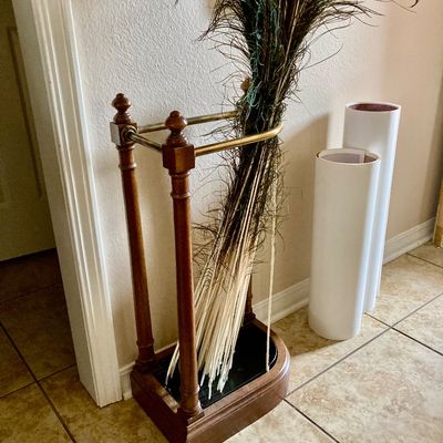 Sale Photo Thumbnail #14: Vintage brass and wood umbrella stand. The feathers are peacock.