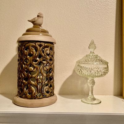 Sale Photo Thumbnail #48: Ceramic candle lantern with bird finial