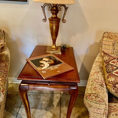 Sale Photo Thumbnail #55: Queen Anne style accent table with cabriole legs and pull out slide tray