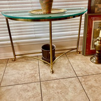 Sale Photo Thumbnail #57: Hollywood Regency style brass and glass console table with hoofed feet