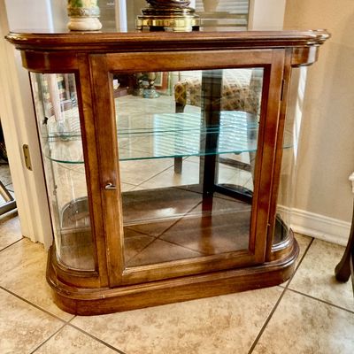 Sale Photo Thumbnail #63: Wooden curved glass console curio cabinet