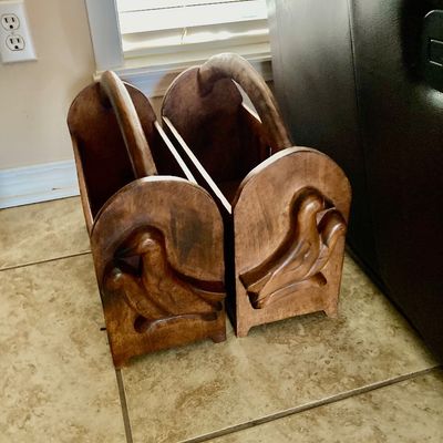 Sale Photo Thumbnail #191: Wood mag a zine racks with birds on the ends 