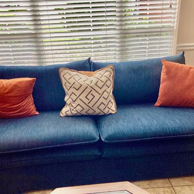 Sale Photo Thumbnail #21: Blue fabric sofa with loose cushions and track arms similar to ones sold at Crate and Barrell