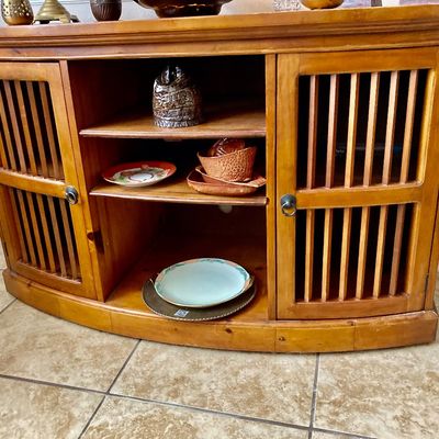 Sale Photo Thumbnail #20: Media console or TV stand in a half moon shape with slatted cabinet doors and open shelving