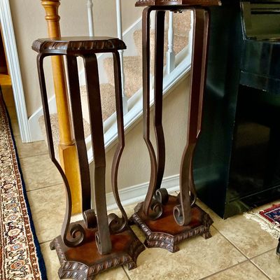 Sale Photo Thumbnail #15: Plant stands with octagonal tops and four curved legs with scroll feet and stepped platfoms