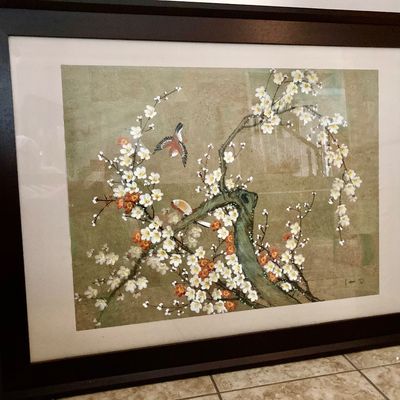 Sale Photo Thumbnail #3: East Asian style botanical framed art featuring cherry blossom branches and birds