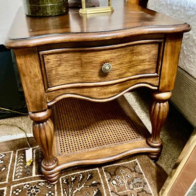 Sale Photo Thumbnail #109: Traditional wood end table with signle drawer and woven cane insert