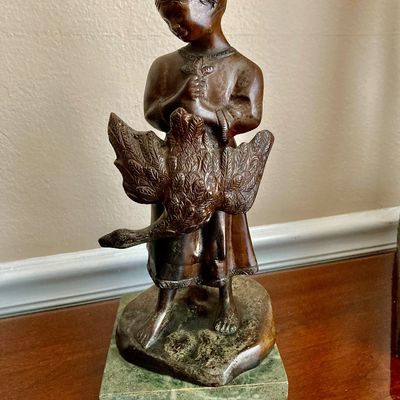 Sale Photo Thumbnail #28: Vintage patinated bronze piece titled "Girl With Goose" by the Italian sculptor Giovanni De Martino on marble base.