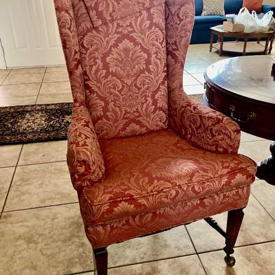 Sale Photo Thumbnail #9: Wingback chair in a damask fabric