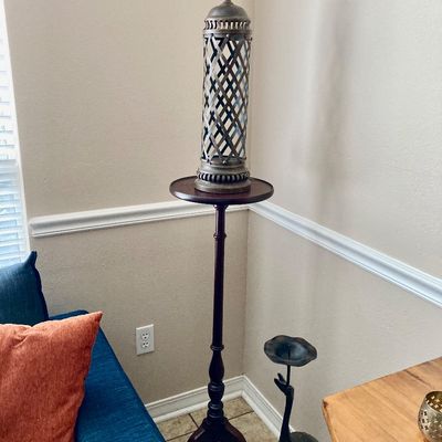 Sale Photo Thumbnail #22: Vintage wooden pedestial candle or drink tab on tri pod base. Turkish inspired metal lattice lantern is a seperate piece.