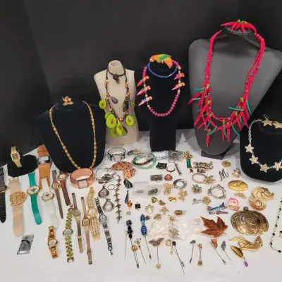 Large Mixed Lot of Vintage Wristwatches, Brooches, Pins, and Statement Necklaces