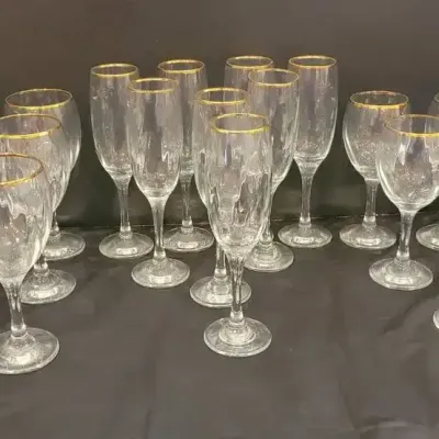 Mikasa Crystal - Metallic Gold-Trimmed Rim/Twisted Stem - 18 Pieces