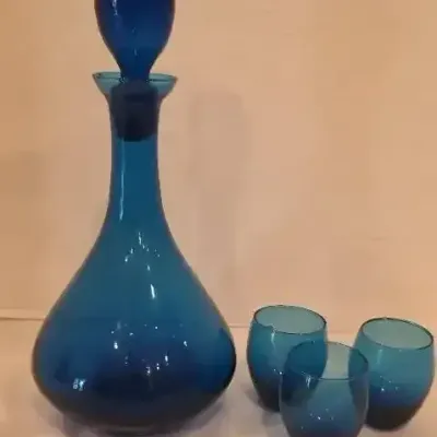 MCM Blue Art Glass Decanter Set