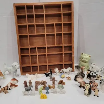 Ceramic and Porcelain Animal Miniatures with Wood Shadow Box Shelf
