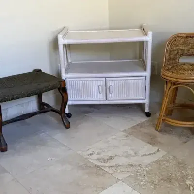Rattan/Wicker Bench, Cart, Swivel Chair and Table