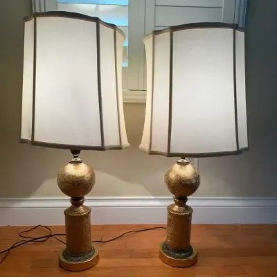 Hollywood Regency Eglomise Crackle Glass Table Lamps 
