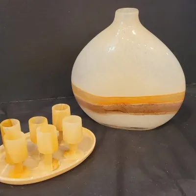 MCM Art Glass Pillow Vase And Onyx Cordial Set 