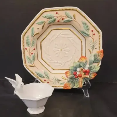 Fitz & Floyd Winter Wonderland Canapé Plate And Opaque White Dove Dish