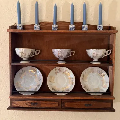 Wood Wall Display Shelf with Lefton Teacups, Saucers and Candleholders 