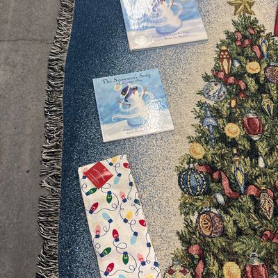 Sale Photo Thumbnail #172: 11 piece Christmas set for throw blankets one new hand towel three books one reindeer ornament one merry Christmas bag one wine stopper. All in perfect condition blankets measure approximately. 1 72x57 and 3 at 65x44.