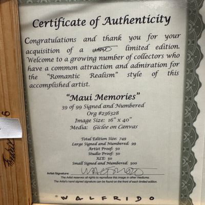 Sale Photo Thumbnail #139: Vibrate canvas titled Maui Memories by renowned Maui artist Walfrido Garcia, measures 16 x 40, pristine condition - comes with COA signed and numbered