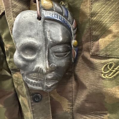 Sale Photo Thumbnail #75: Three piece set large vans, camo button up metal skull wall hanging ceramic pendant mask. All imperfect condition, no damage or flaw