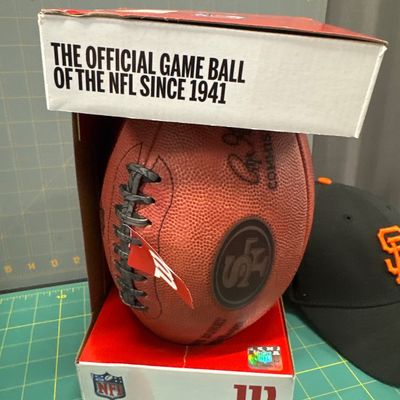 Sale Photo Thumbnail #155: 22 Piece Sports set with mitt, seven baseballs, one plastic ball, three collector balls - signed, one 49ers football - new in the box, 2 hats size large extra-large, five sports illustrated magazines, one Triple Crown one Giants of October book, all in ex