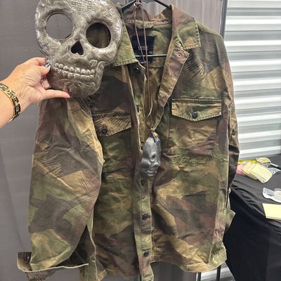 Sale Photo Thumbnail #73: Three piece set large vans, camo button up metal skull wall hanging ceramic pendant mask. All imperfect condition, no damage or flaw