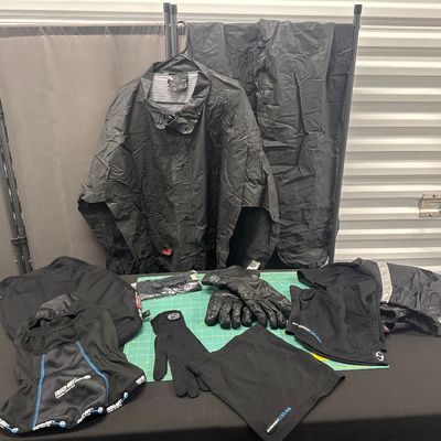Sale Photo Thumbnail #141: 12-piece rain and cool weather, riding set with jacket, pants, size XL bag, gloves, mittens, Freezeout under helmet thermal head warmer, Airhawk seat air cushion, HD leather gloves, Olympia sport gloves, cooling arm sleeve, 2 gators, waterproof bag. All i