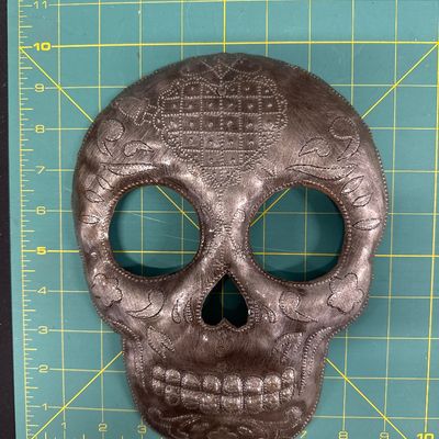Sale Photo Thumbnail #74: Three piece set large vans, camo button up metal skull wall hanging ceramic pendant mask. All imperfect condition, no damage or flaw