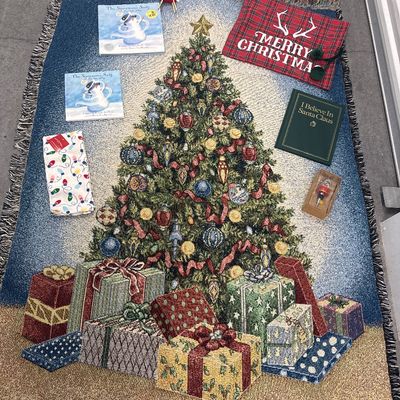 Sale Photo Thumbnail #171: 11 piece Christmas set for throw blankets one new hand towel three books one reindeer ornament one merry Christmas bag one wine stopper. All in perfect condition blankets measure approximately. 1 72x57 and 3 at 65x44.