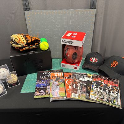Sale Photo Thumbnail #146: 22 Piece Sports set with mitt, seven baseballs, one plastic ball, three collector balls - signed, one 49ers football - new in the box, 2 hats size large extra-large, five sports illustrated magazines, one Triple Crown one Giants of October book, all in ex