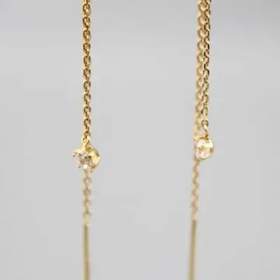 Sale Photo Thumbnail #11: Pair of gold-tone threader earrings featuring delicate link chains, clear faceted accent stones, and post ends.
