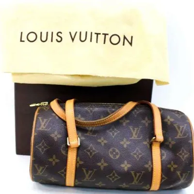 Sale Photo Thumbnail #17: Vintage Louis Vuitton Monogram Papillon 26 handbag with natural leather straps, complete with its original dust bag and box.