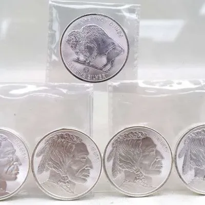 Sale Photo Thumbnail #3: Set of five 1 troy ounce .999 fine silver Buffalo rounds in protective plastic flips.