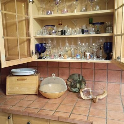 Sale Photo Thumbnail #36: Glassware, wooden kitchen bowl, wooden bread storage box from $1 - $25 each