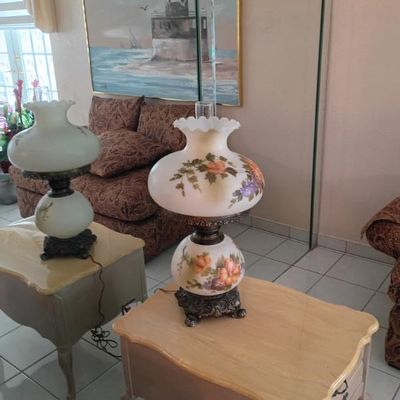 Sale Photo Thumbnail #8: Cream Colored French style side tables $125 each 
Floral Vintage Lamps $175 each