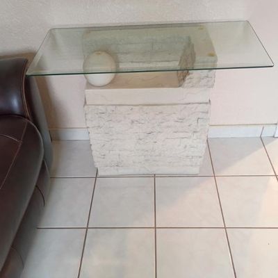 Sale Photo Thumbnail #24: Glass top stone pedestal side table $150