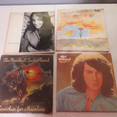 Sale Photo Thumbnail #103: Collection of four vintage vinyl LP albums, including Joan Baez Vol. 2, Gladys Knight & the Pips' I Feel a Song, The Marshall Tucker Band's Searchin' for a Rainbow, and Neil Diamond's Rainbow.