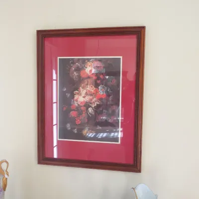 Sale Photo Thumbnail #17: Framed floral still life print featuring a dark background and a bold crimson matte inside a molded wooden frame.