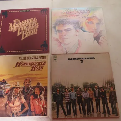 Sale Photo Thumbnail #100: Group of four vintage vinyl record albums, including titles by The Marshall Tucker Band, Air Supply, Willie Nelson & Family, and Blood, Sweat & Tears.