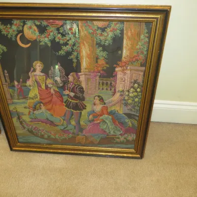 Sale Photo Thumbnail #70: Framed needlepoint tapestry art depicting a Venetian courting scene with figures in Renaissance-style dress, housed in a molded gilt wood frame.