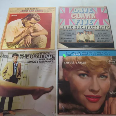Sale Photo Thumbnail #120: Collection of four vintage vinyl LP albums, including Jerry Lee Lewis, Dave Clark Five, The Graduate soundtrack, and Patti Page, dating from the 1960s.