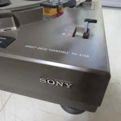 Sale Photo Thumbnail #126: Vintage Sony PS-4750 direct drive turntable featuring a tonearm fitted with an Audio-Technica cartridge.