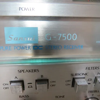 Sale Photo Thumbnail #148: Sansui G-7500 Pure Power DC vintage stereo receiver featuring brushed aluminum faceplate with illuminated display and push-button controls, late 1970s.